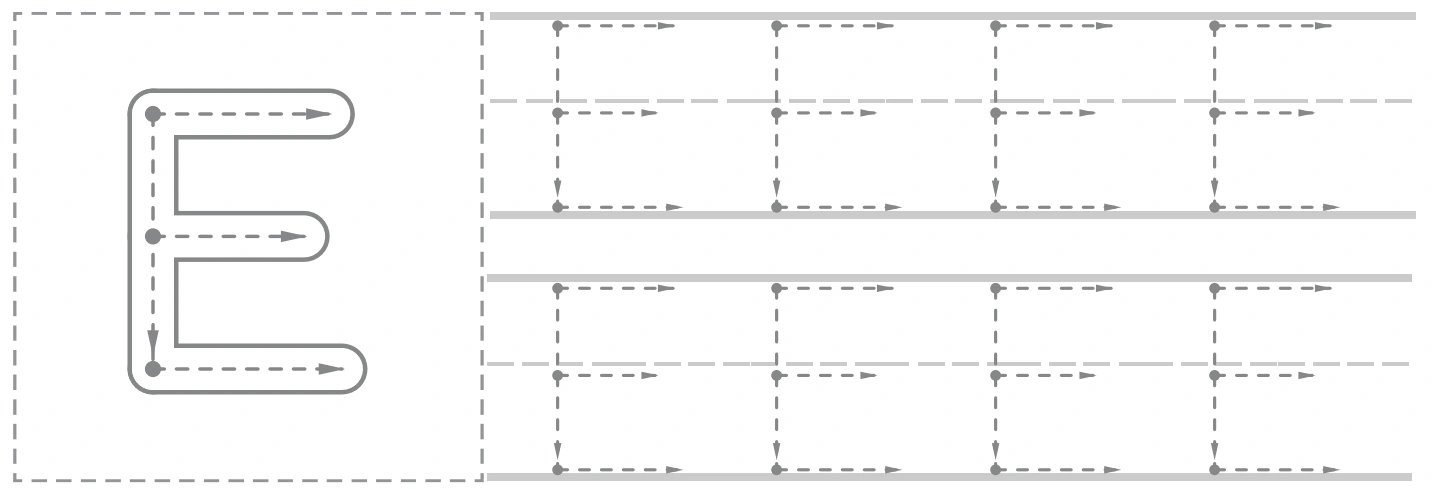 Ee uppercase panel with a large E guide and eight smaller capital tracing forms