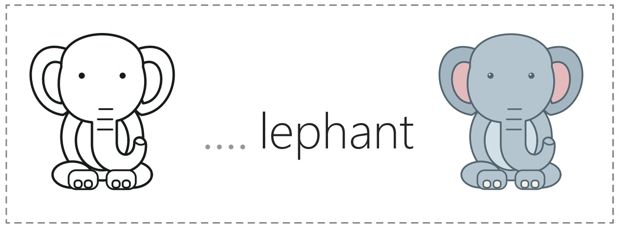 An outline elephant, an unfinished elephant word and its colored picture partner