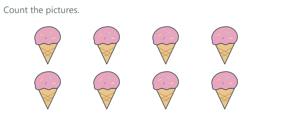 Eight pink ice cream cones arranged four above four in the top counting area
