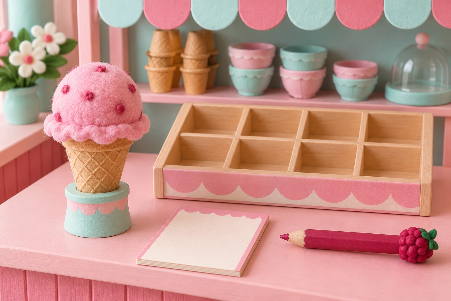 Pink felt ice cream cone, empty compartment tray, blank order slip and raspberry pencil on a miniature counter