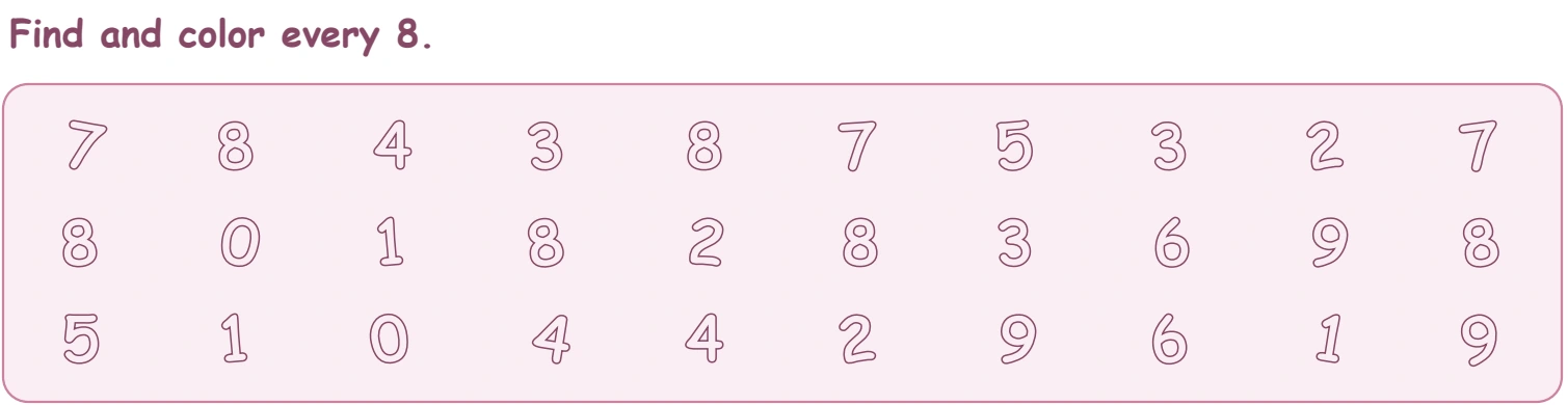 Ice cream worksheet symbol hunt with six 8 entries across the first two rows and none in the last