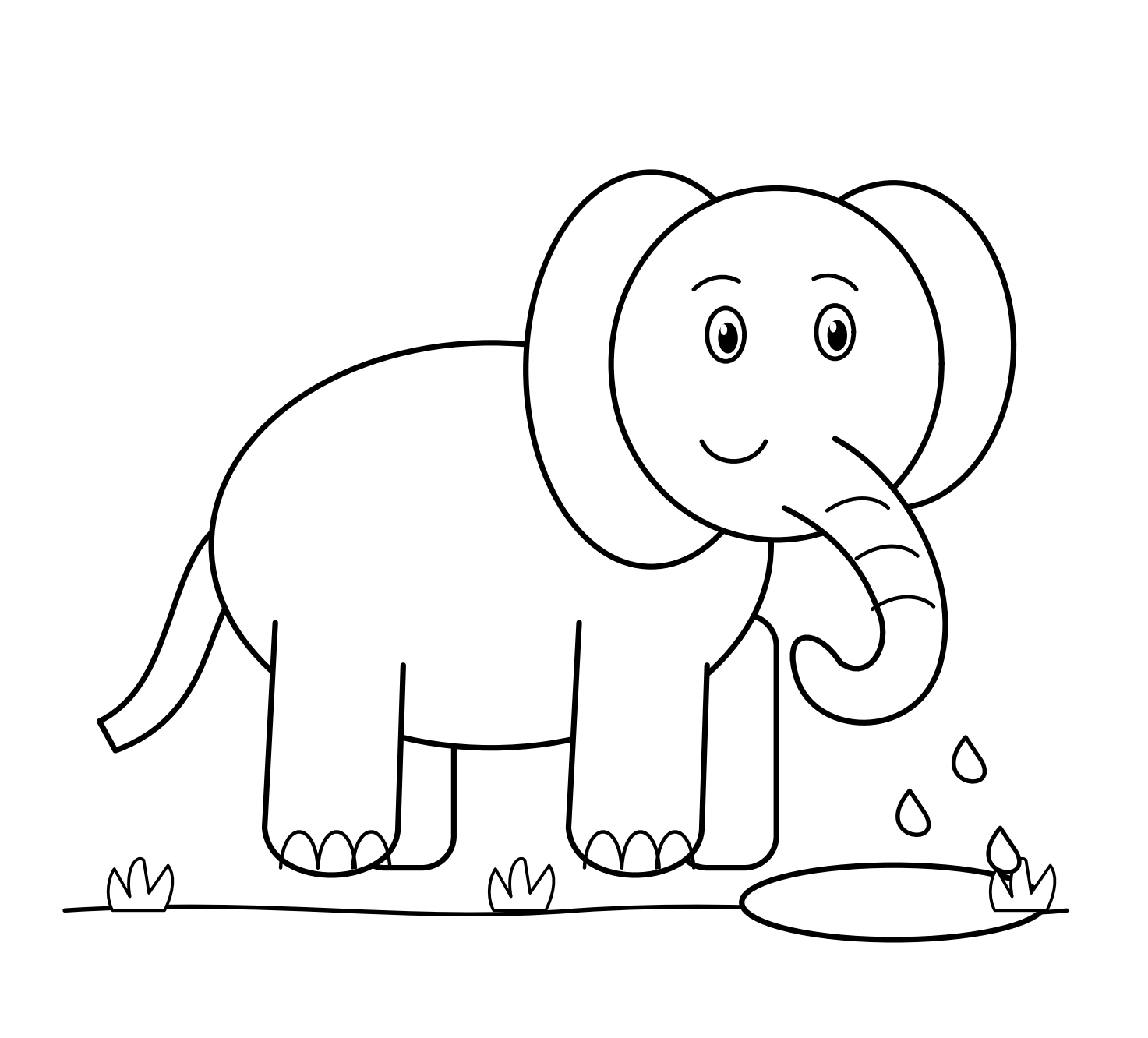 Friendly elephant standing near a puddle and falling drops