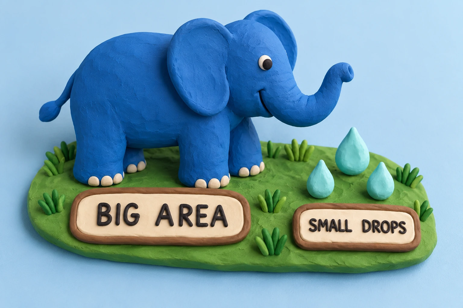 Clay blue elephant beside three aqua drops and BIG AREA SMALL DROPS signs