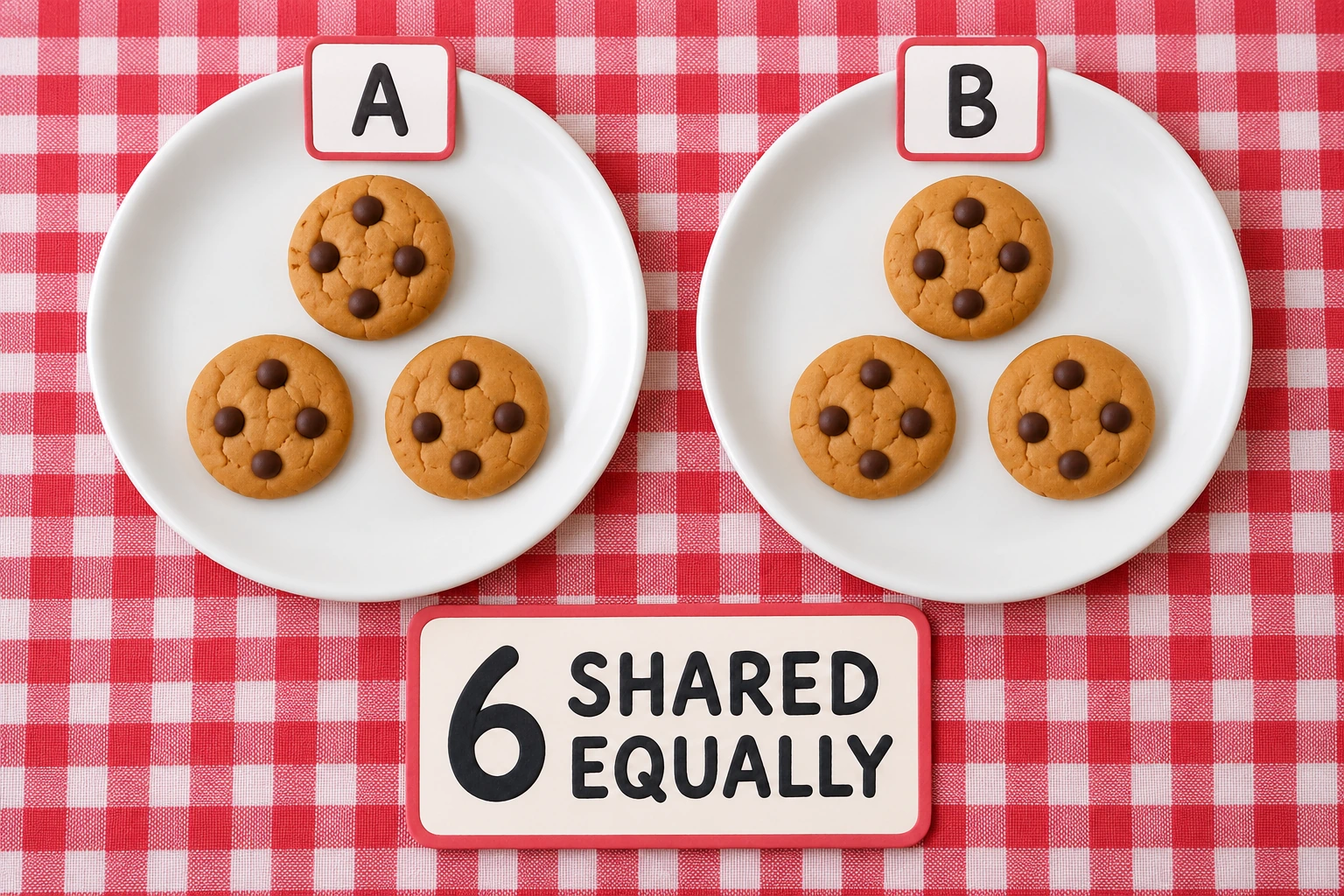 Equal Picnic Sharing additional play illustration Six cookie counters are shared as three on each of two labelled plates.
