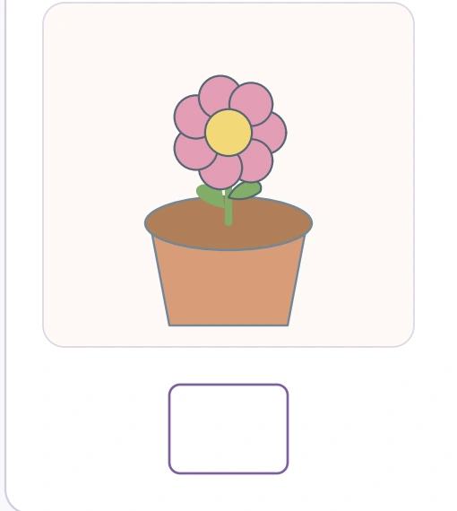 A complete flower in its pot appears above one empty number box.
