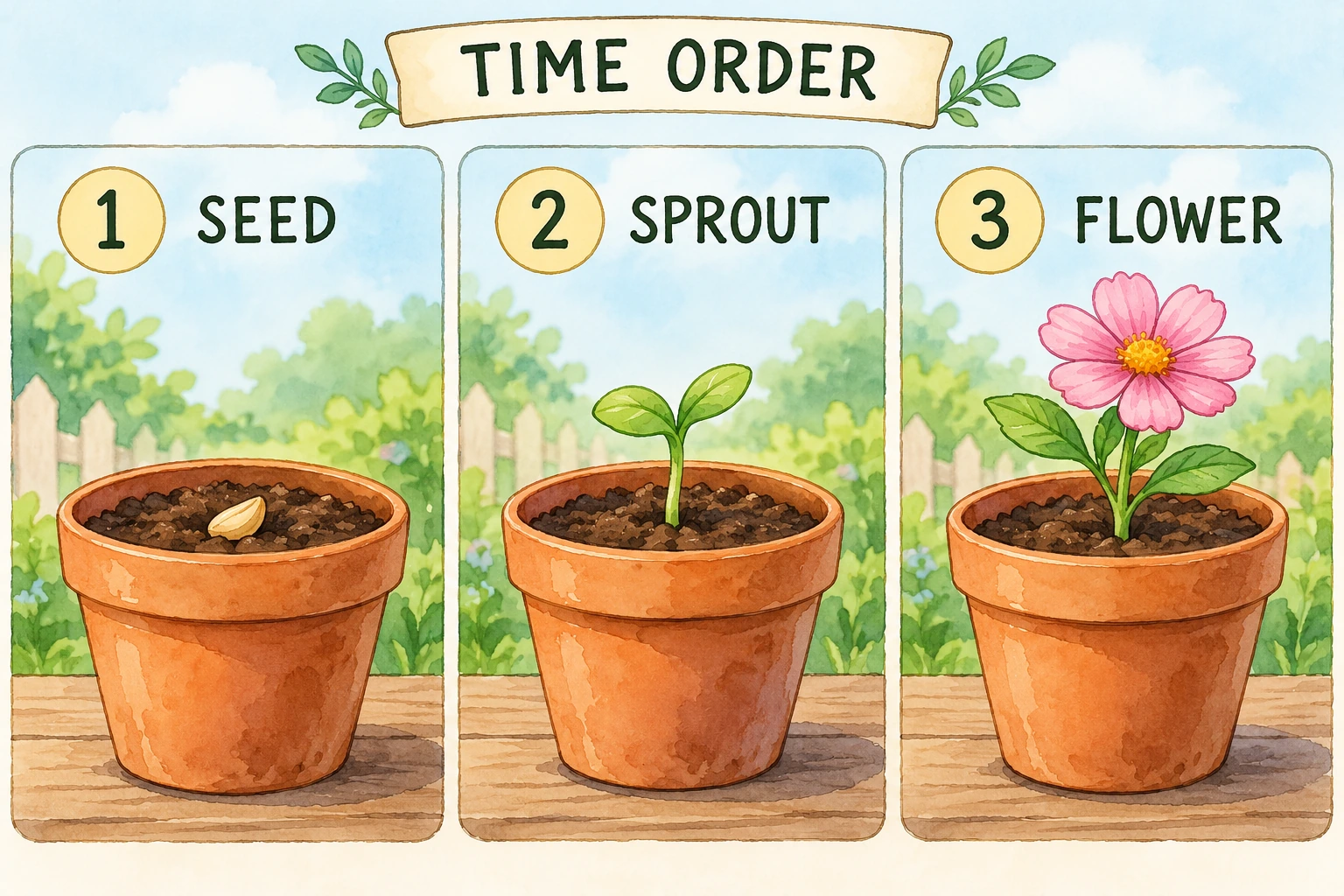 Seed, sprout and flower cards carry completed first-to-third order labels.
