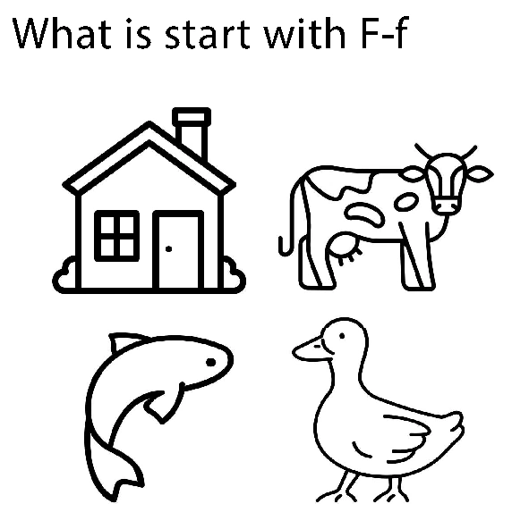 Original four-picture panel containing a house, cow, dolphin-like aquatic animal and duck
