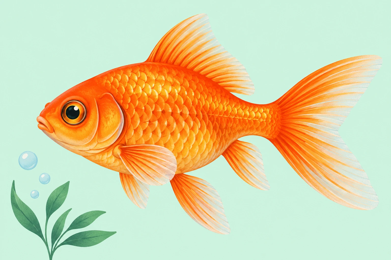 Orange goldfish in side view with visible scales, gill cover, separate fins and a fan-shaped tail