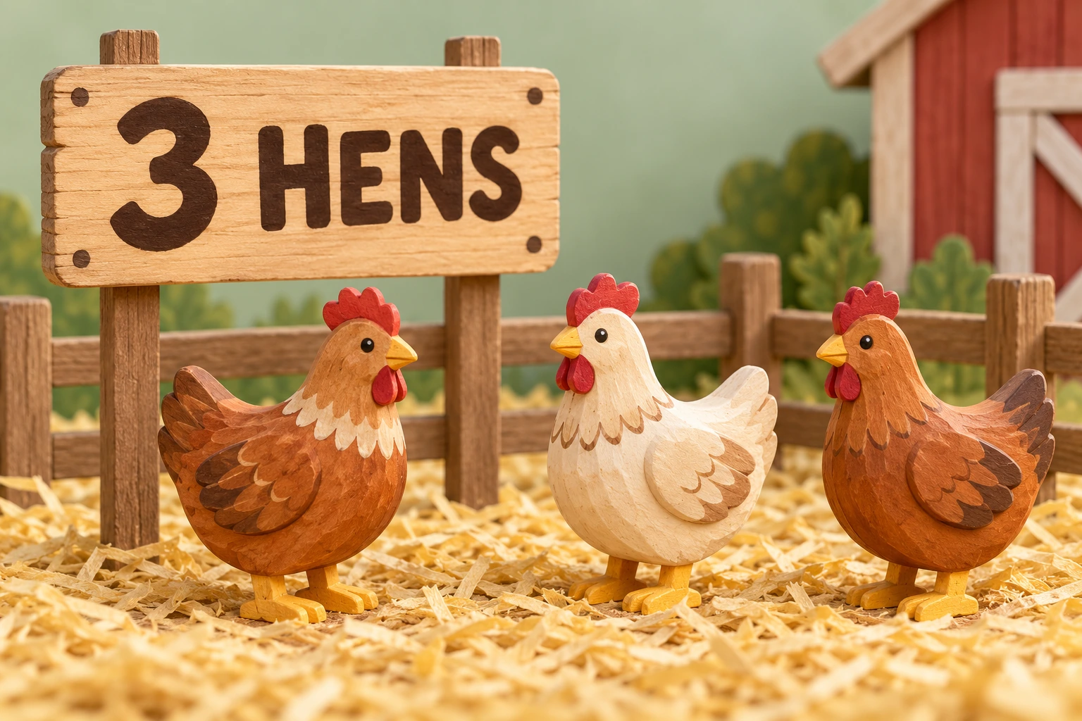 Three whole hen figures support an agreed counting unit Three wooden hens beside a farm fence and a clear 3 HENS sign