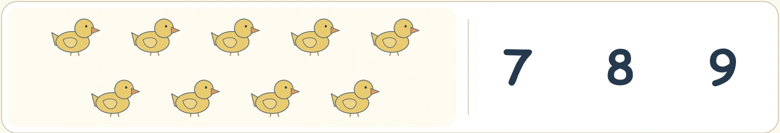 Reconcile a duck total by following the complete group Nine duck pictures arranged as five above four beside 7, 8 and 9