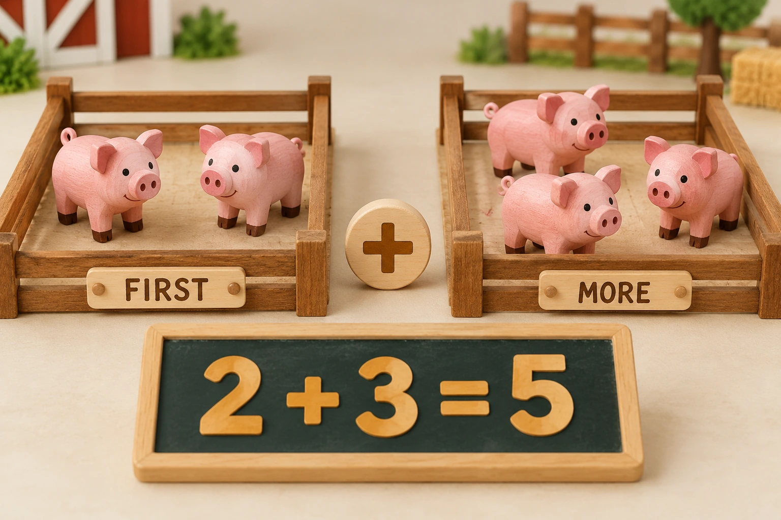 A miniature farm prepares a before-more-now sentence Two wooden pigs in one pen and three in another beside 2 + 3 = 5