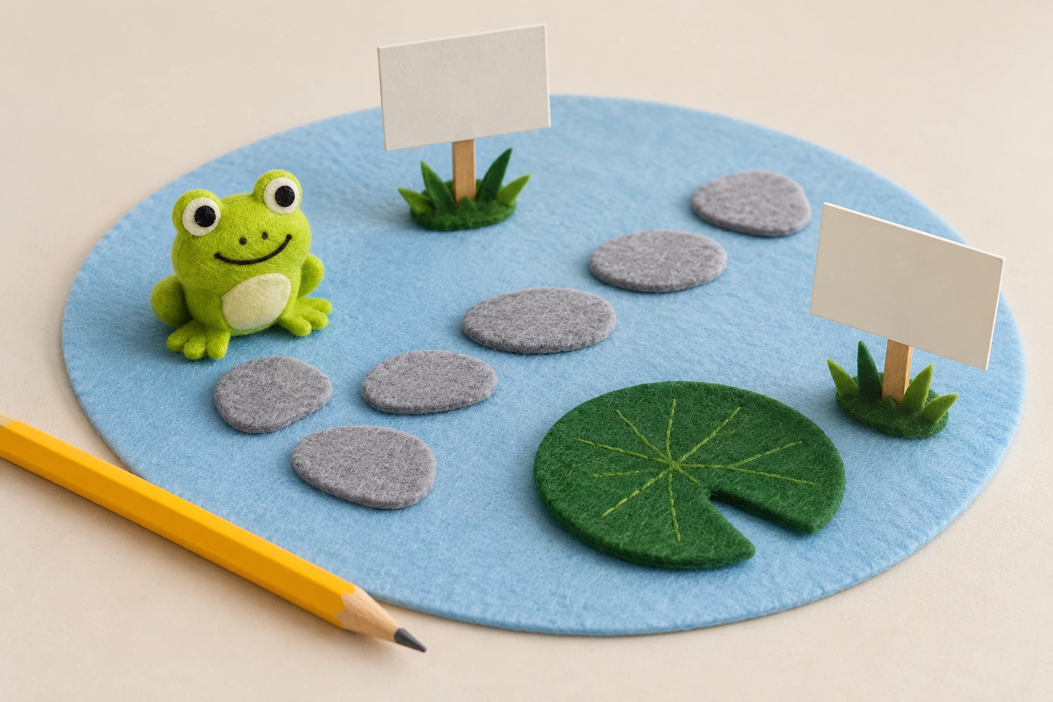 Handmade frog learning props with unprinted writing materials for a Ff story