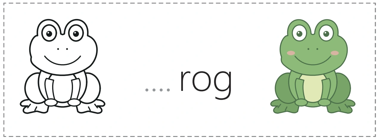 An outline frog, an unfinished frog word and its colored picture partner