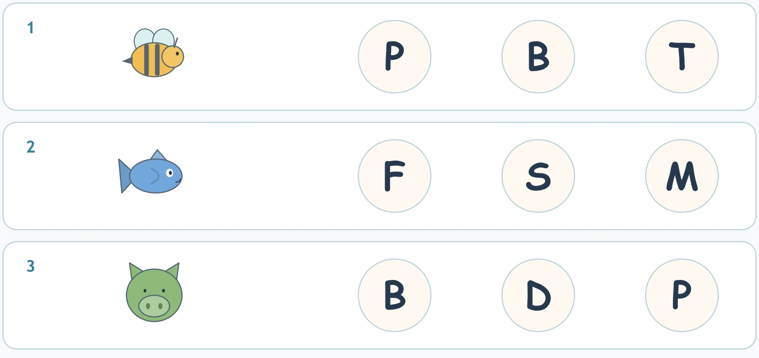 The upper rows offer P/B/T, F/S/M and B/D/P letter choices.