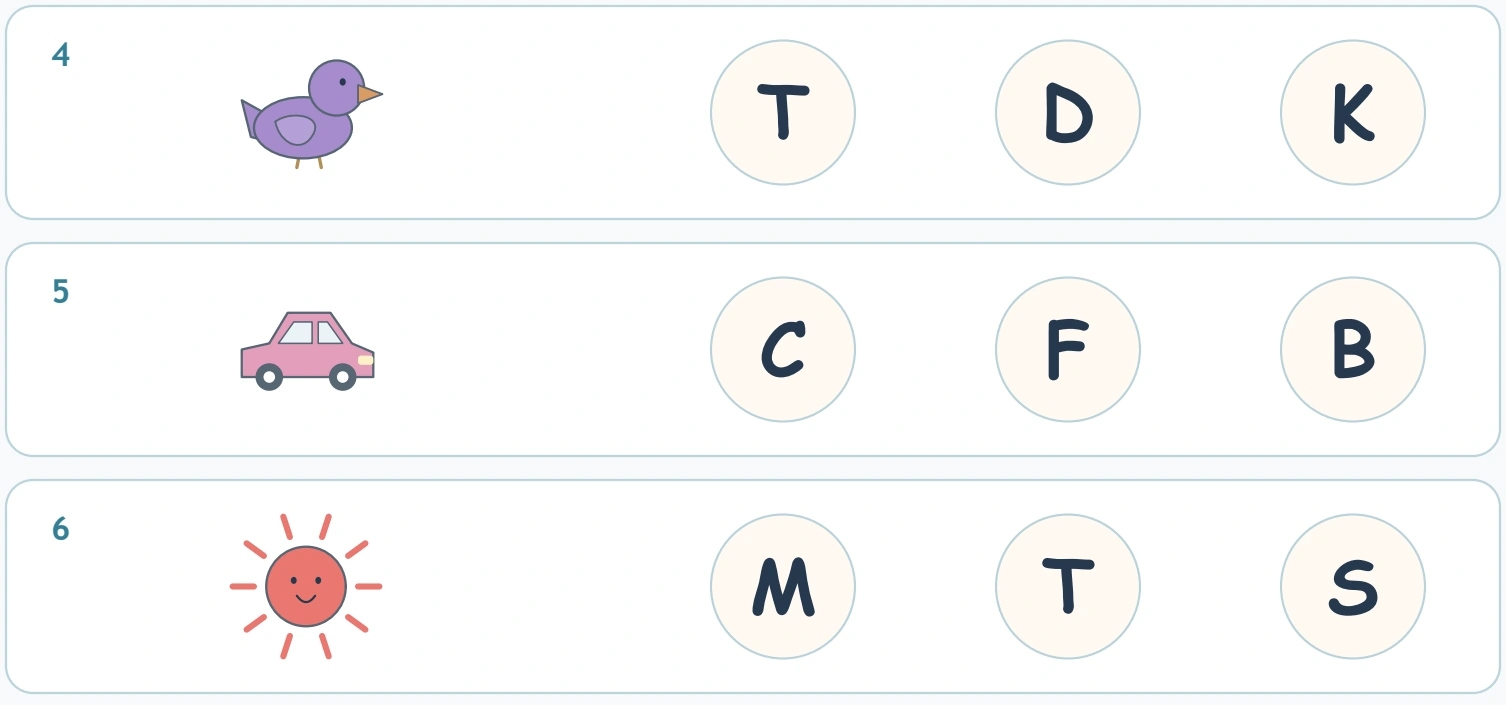 The lower rows present duck, car and sun with three capitals each.