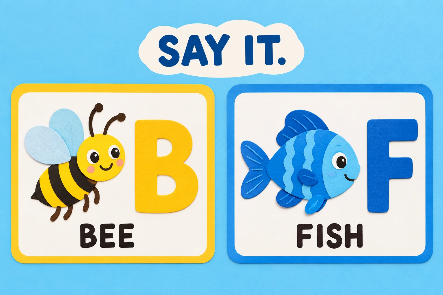 Bee and fish picture cards are paired with the initial capitals B and F.