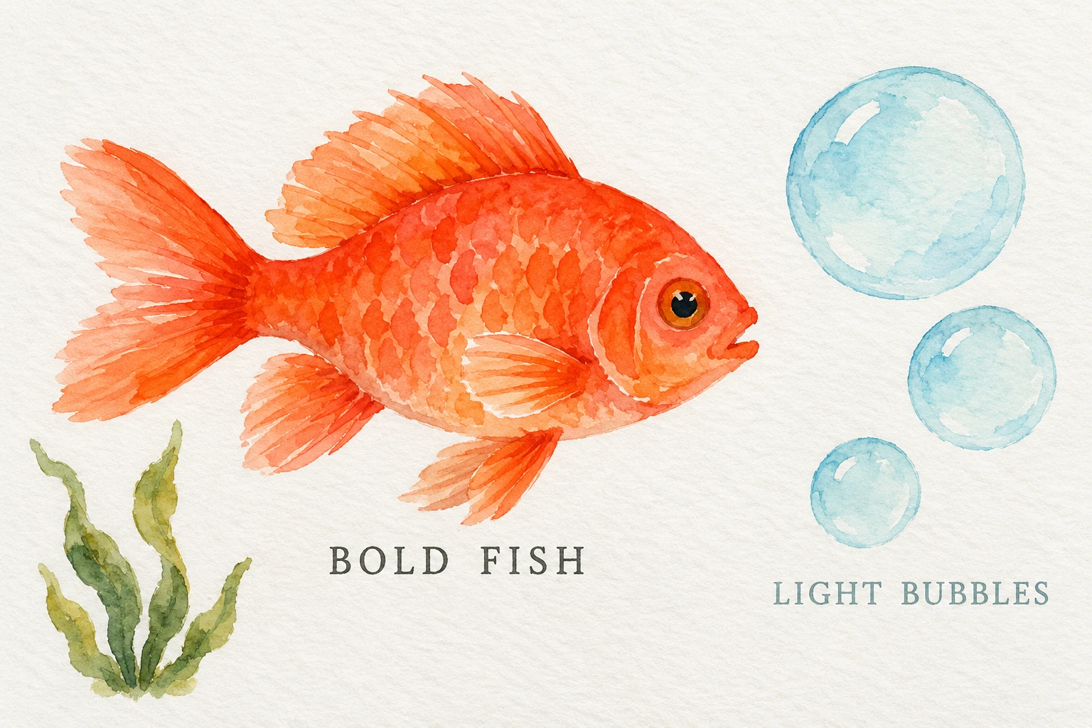 Bold coral fish beside pale watercolor bubbles and readable contrast labels