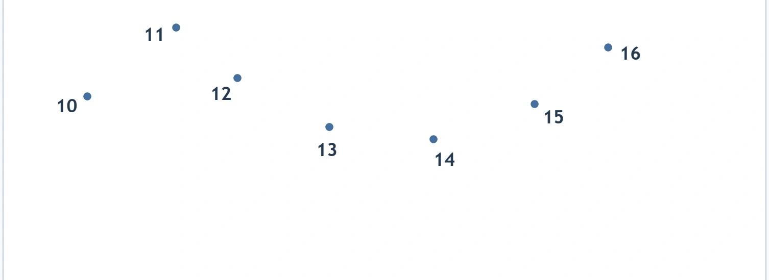 Fish Dot Connections: lower two-digit fish stops Numbers ten through sixteen occupy the lower part of the fish outline.