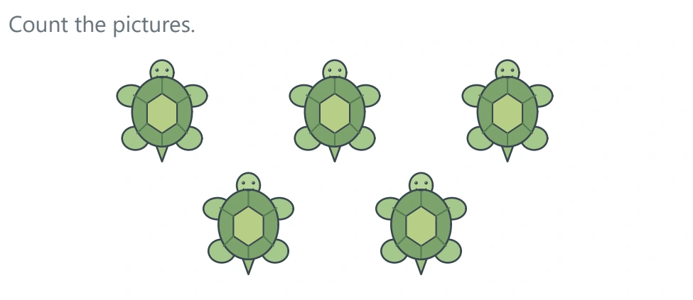 Five green turtles arranged with three upper pictures and two lower pictures