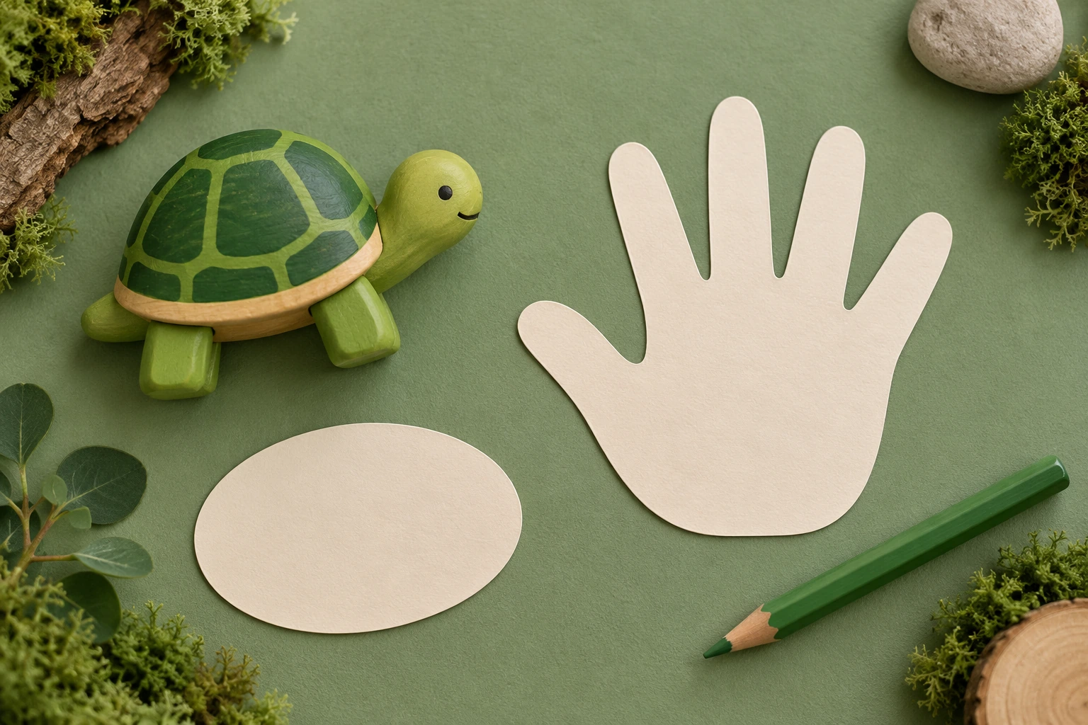 Green wooden turtle beside a blank five-finger paper hand, oval card and green pencil