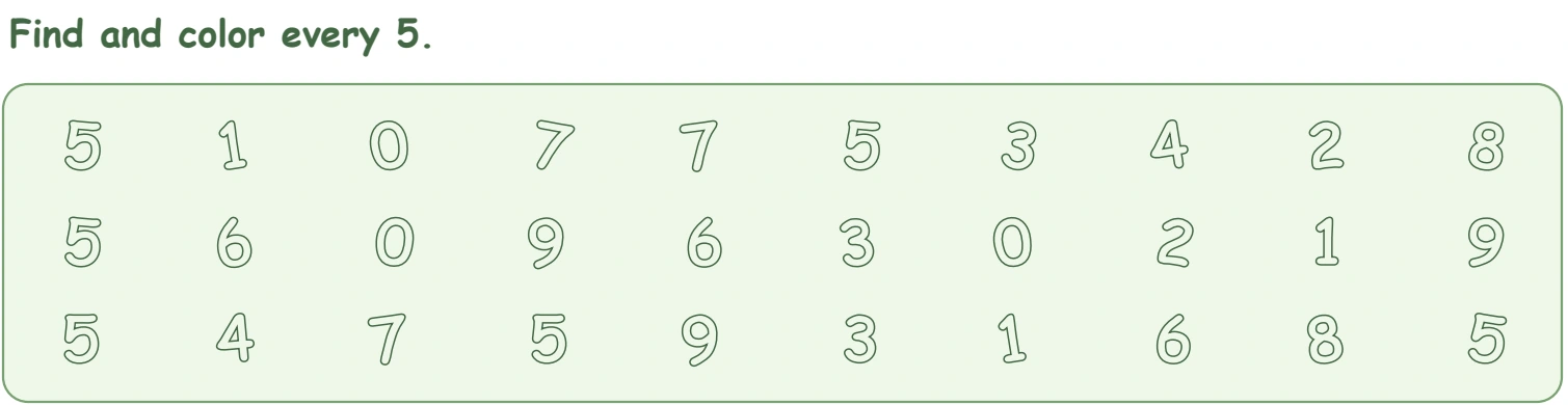 Turtle-page search panel with 5 at six positions across three numeral rows