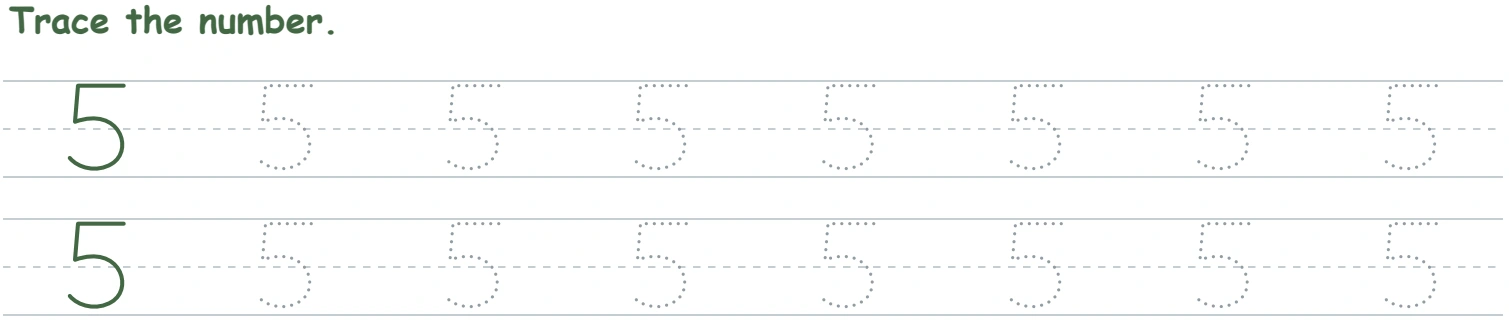 Solid and dotted numeral 5 shapes on the turtle worksheet writing guides