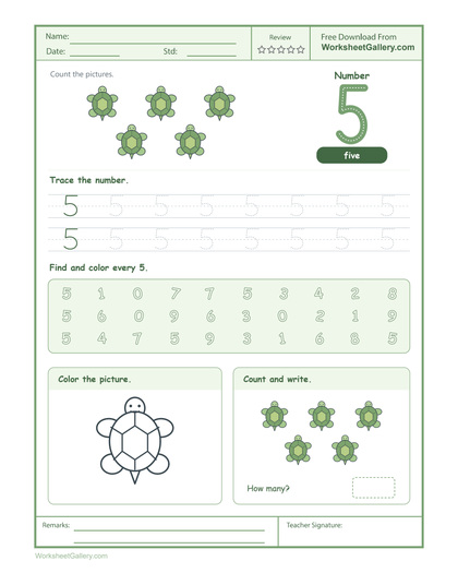 Number 5 Worksheet: 6 Brilliant Turtle Trail Wins