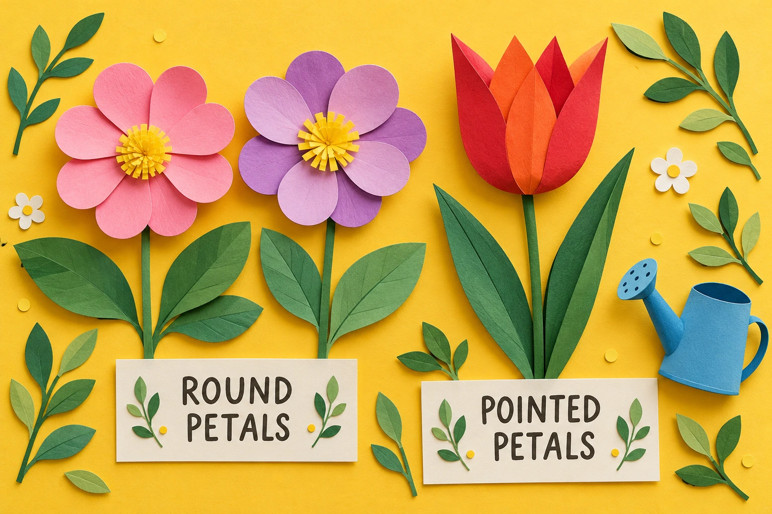 A studio display compares rounded and angular edges Paper blooms and tulip beside ROUND PETALS and POINTED PETALS cards