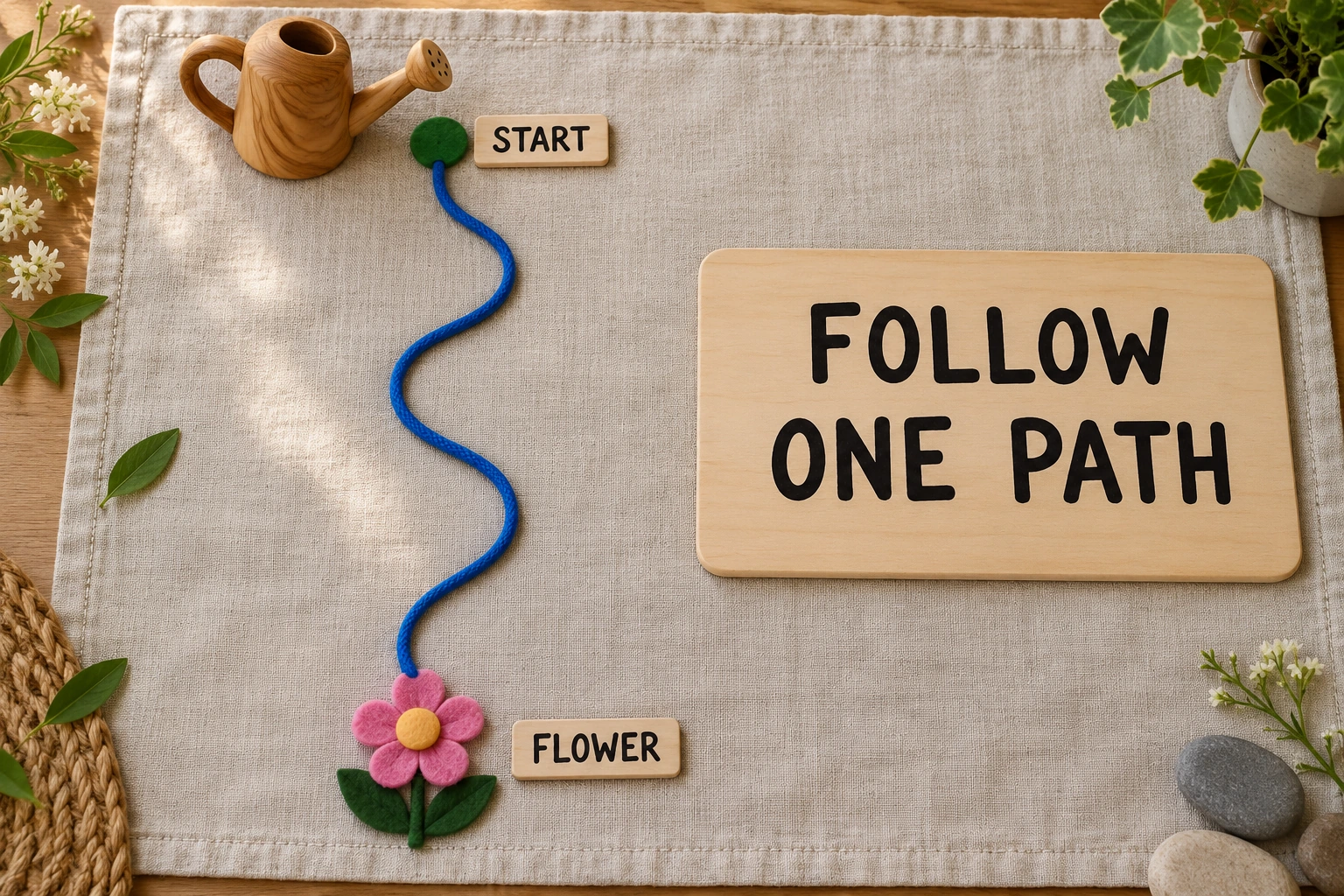 One can and flower joined by a winding cord beside FOLLOW ONE PATH