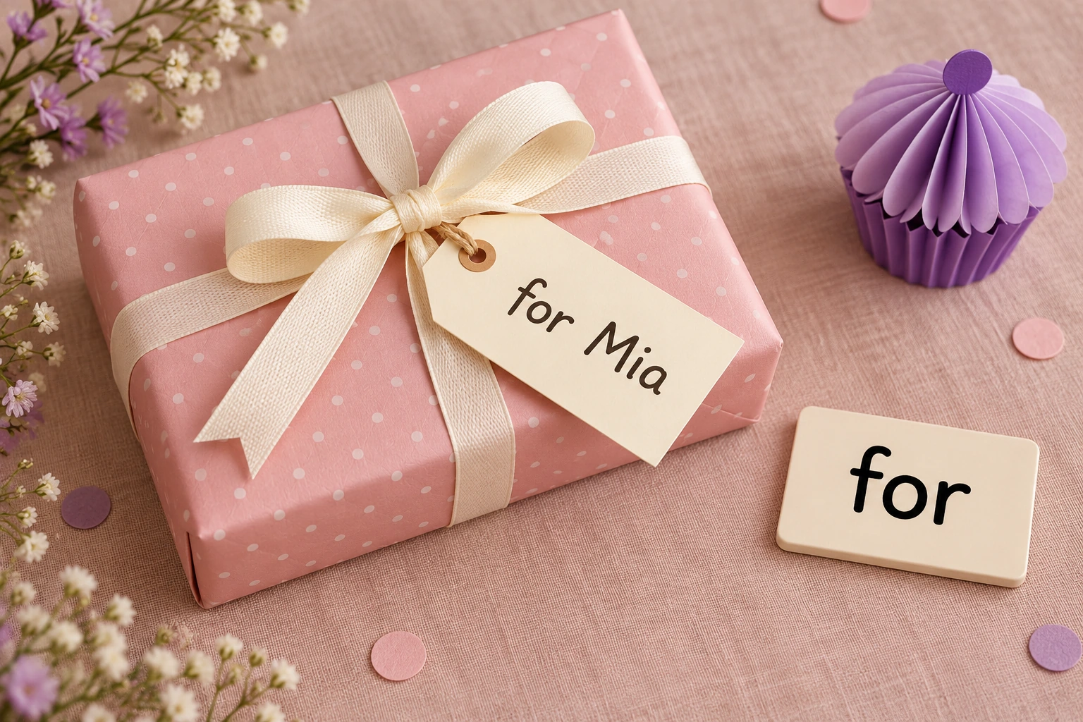 A completed parcel label points to one receiver Pink parcel marked for Mia beside for card and paper cupcake