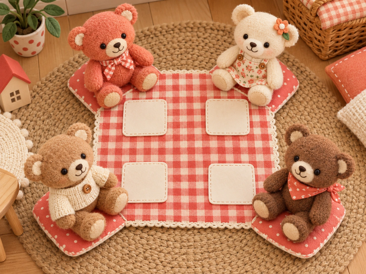 A pretend picnic gives each bear a place to belong Four small textile teddy bears beside four blank places on a red checked picnic cloth
