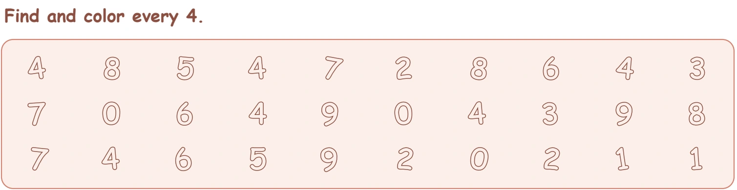 Four-bear counting and four-symbol searching have different totals Three rows of numeral choices with six outlined 4 targets among other digits