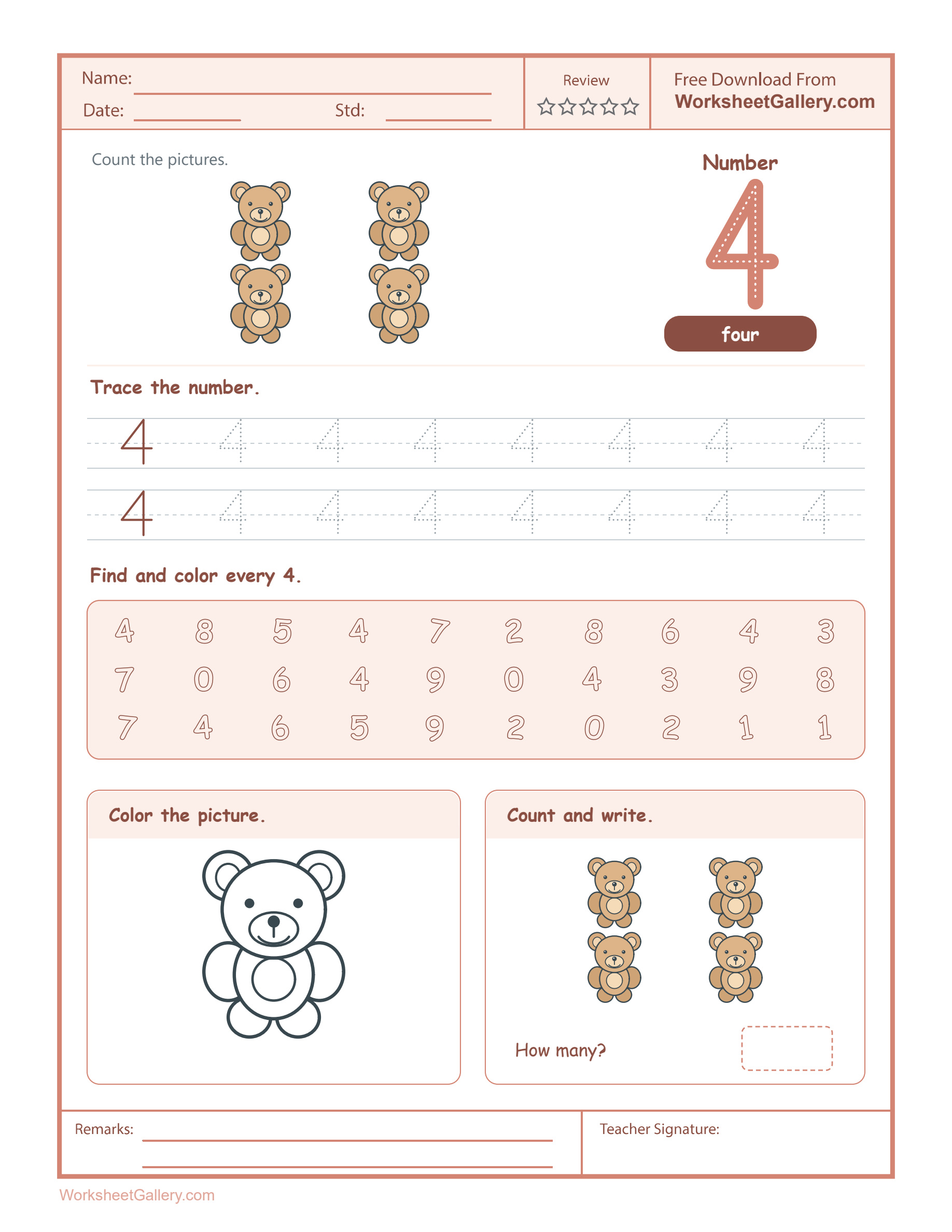 Number 4 Worksheet: 5 Wonderful Teddy Picnic Tasks