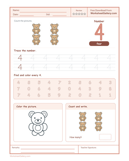 Number 4 Worksheet: 5 Wonderful Teddy Picnic Tasks