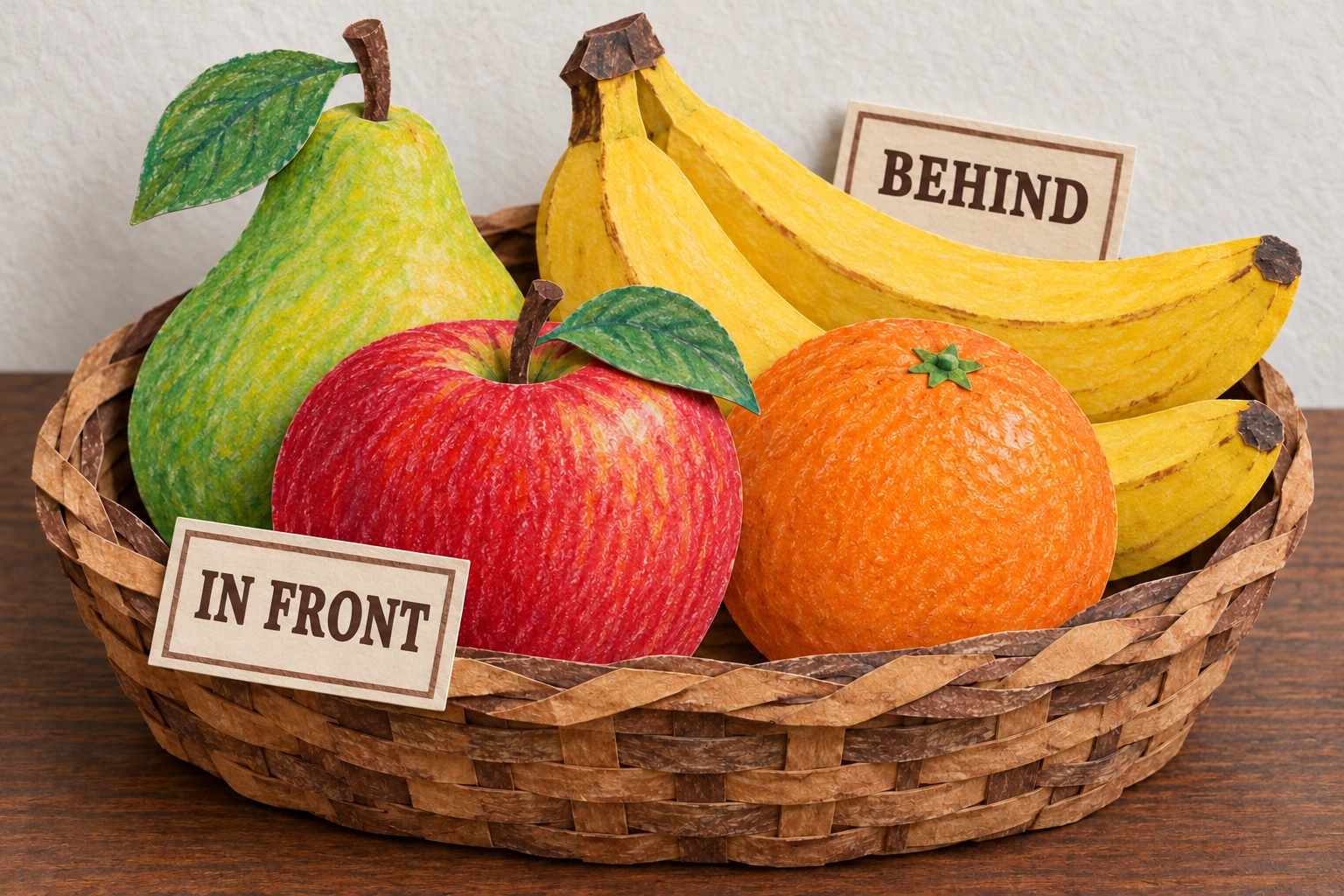 Layered paper fruit basket with IN FRONT and BEHIND labels