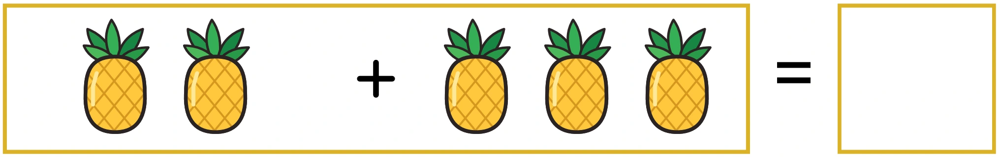 Two pineapple pictures plus three pineapple pictures, followed by an equals sign and blank answer square