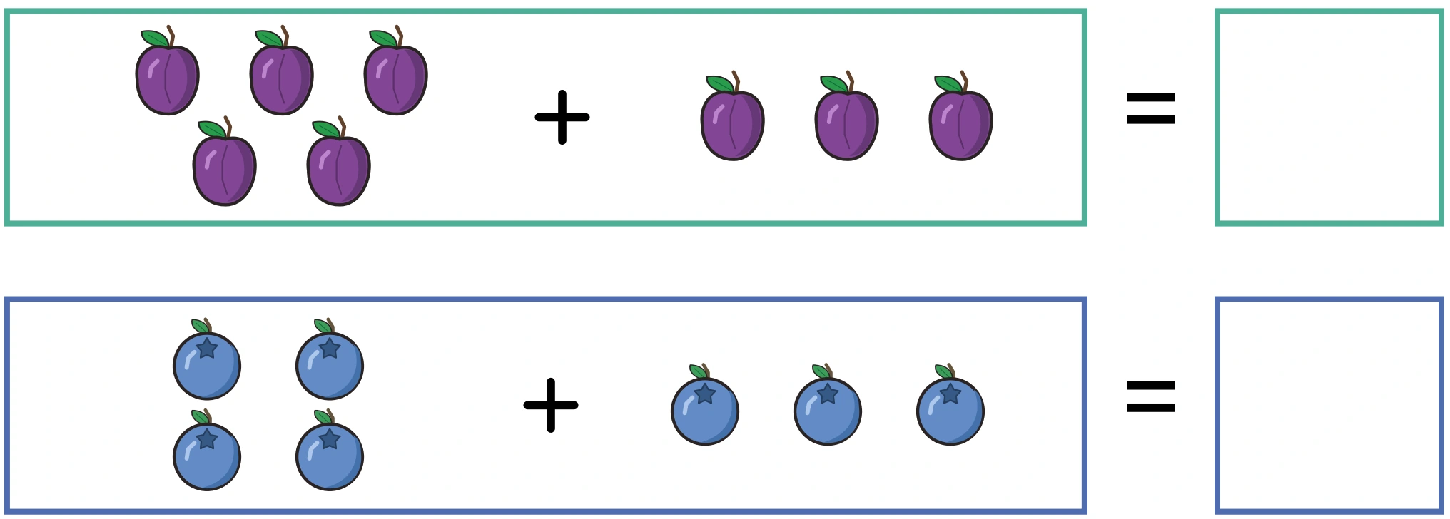 Plum equation with five plus three and blueberry equation with four plus three, both ending in blank squares