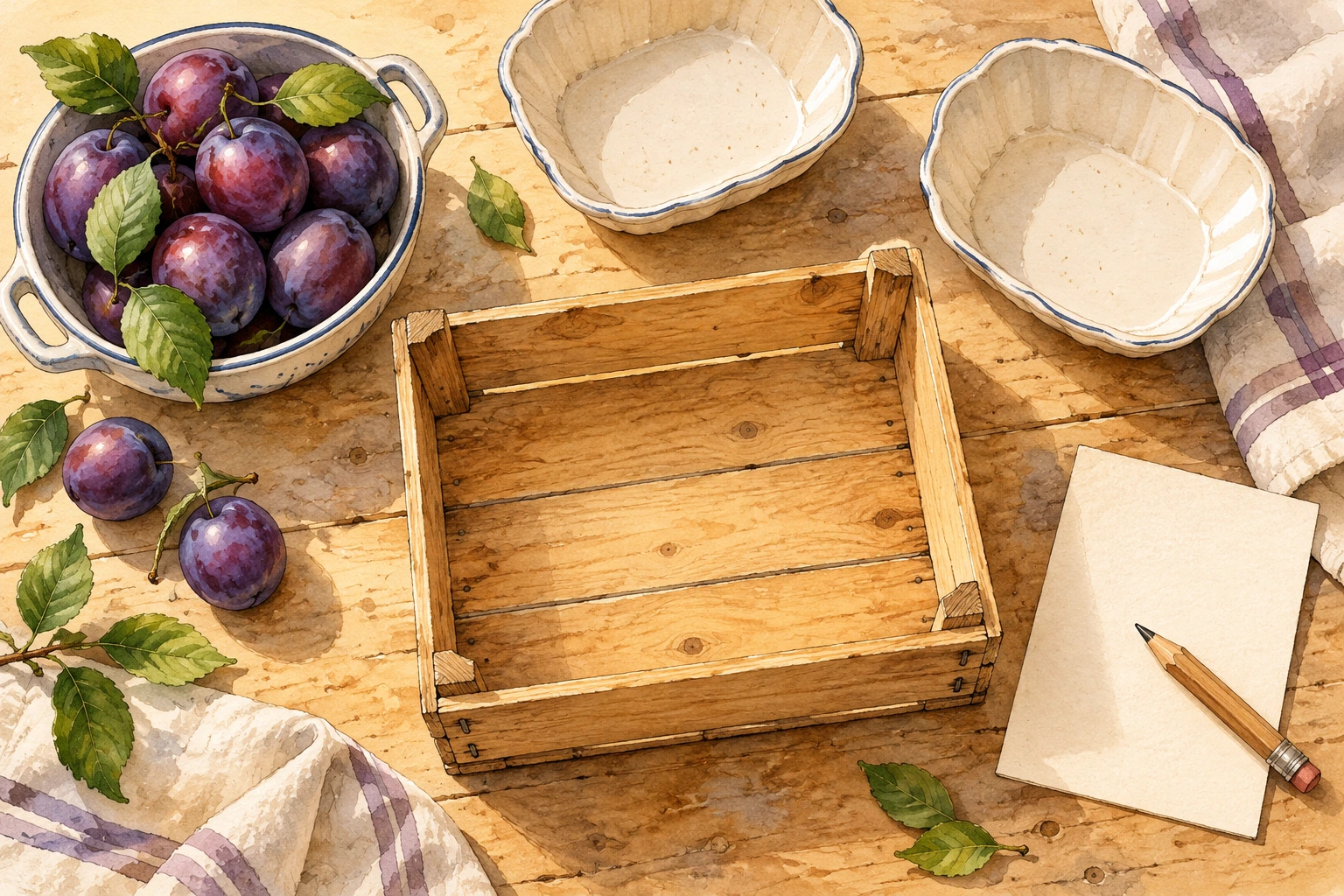 Watercolor table with empty wooden fruit crate, two cream dishes, purple plums, blank card and pencil