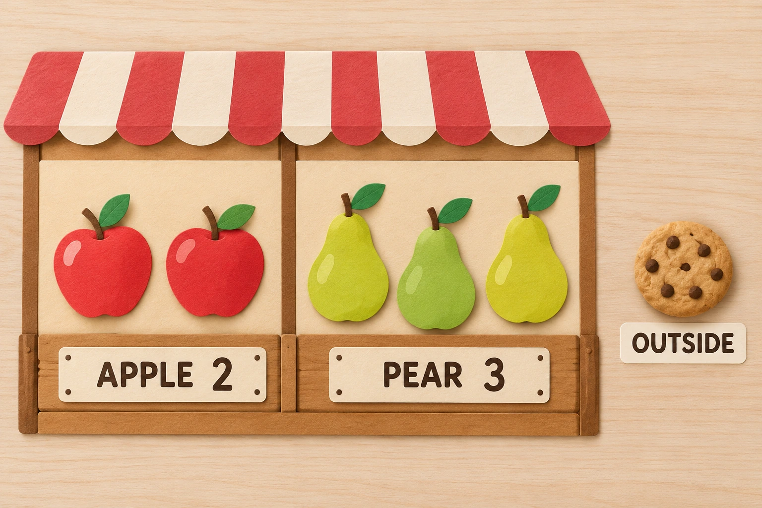 The independent market example contains two apples, three pears and an outside cookie, with matching completed labels.