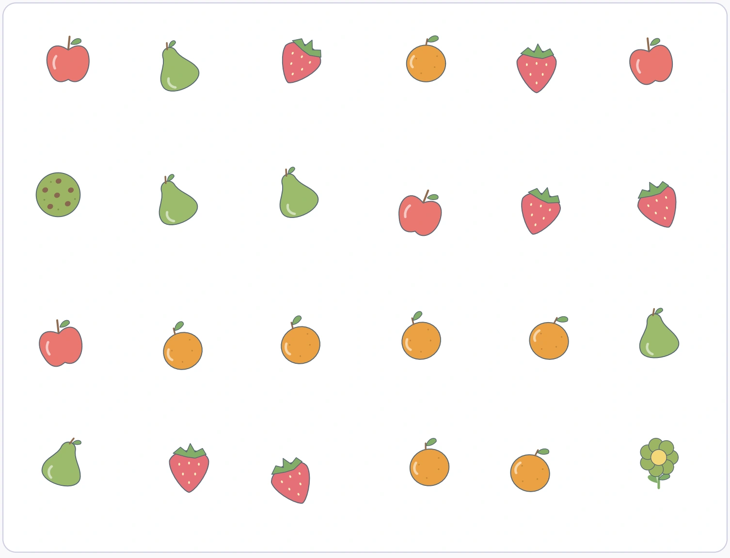 The complete fruit field contains four requested fruit types plus cookie and flower distractors.