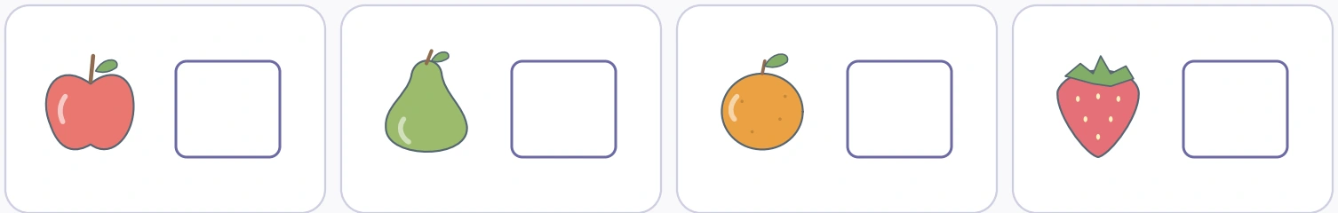 Apple, pear, orange and strawberry reference icons identify four separate answer boxes.