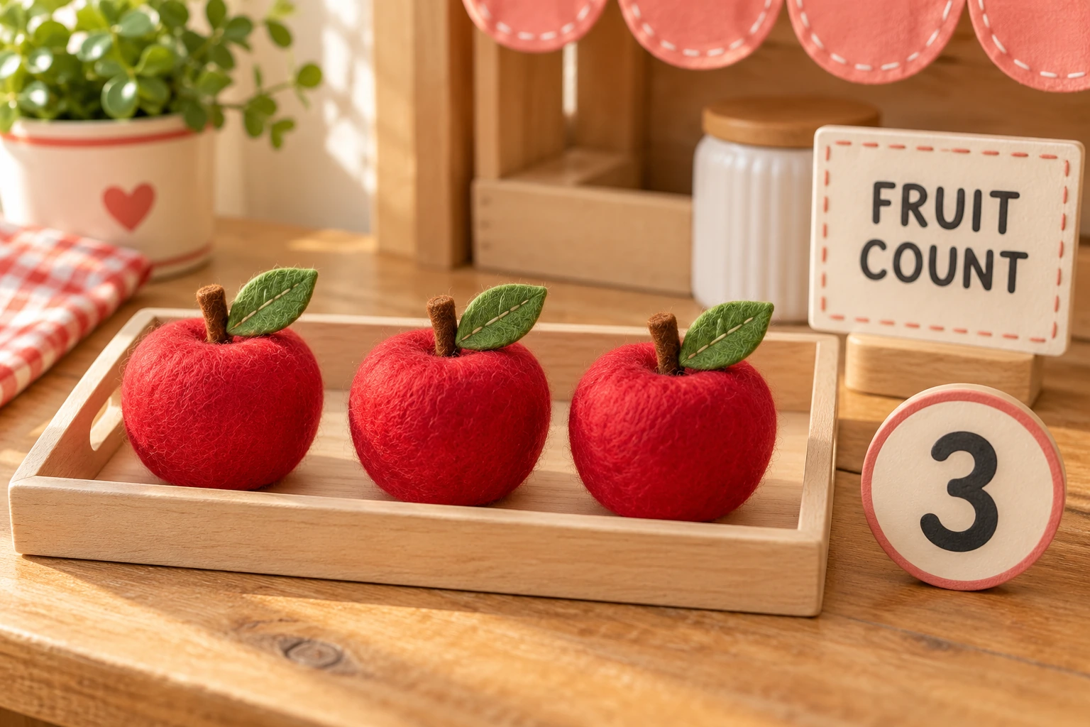 A miniature market makes three whole apples easy to point at Three red felt apples on a market tray beside FRUIT COUNT and a numeral 3 token