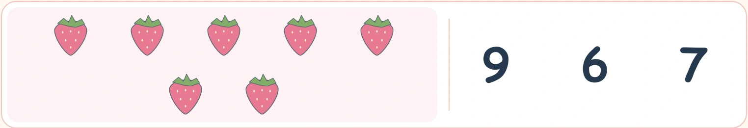 Keep counting through the lower strawberry pair Seven strawberries arranged as five above two beside 9, 6 and 7
