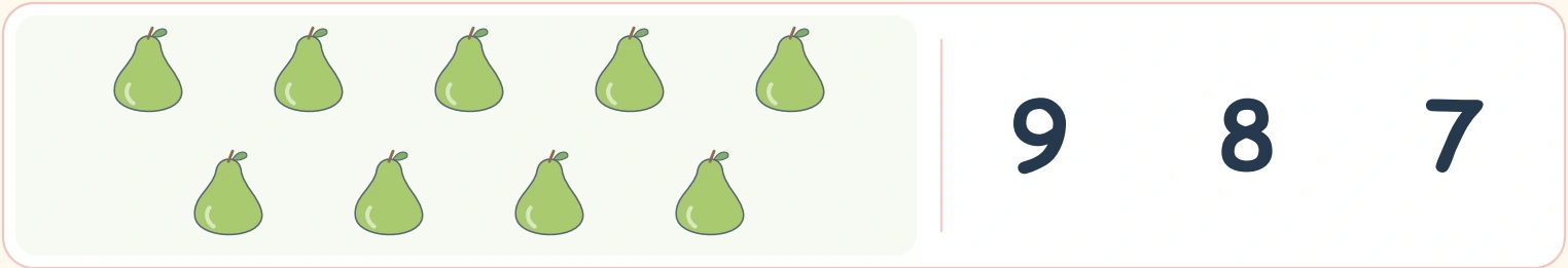 Carry the pear total to the leftmost answer Nine pears spread over two picture lines with choices 9, 8 and 7