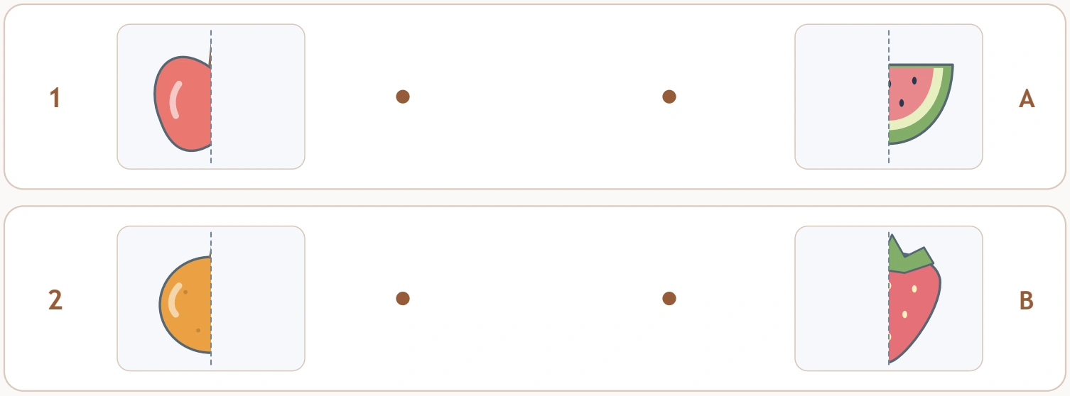 Fruit Half Match: apple orange view Apple and orange left halves appear in the first two rows opposite shuffled right halves.