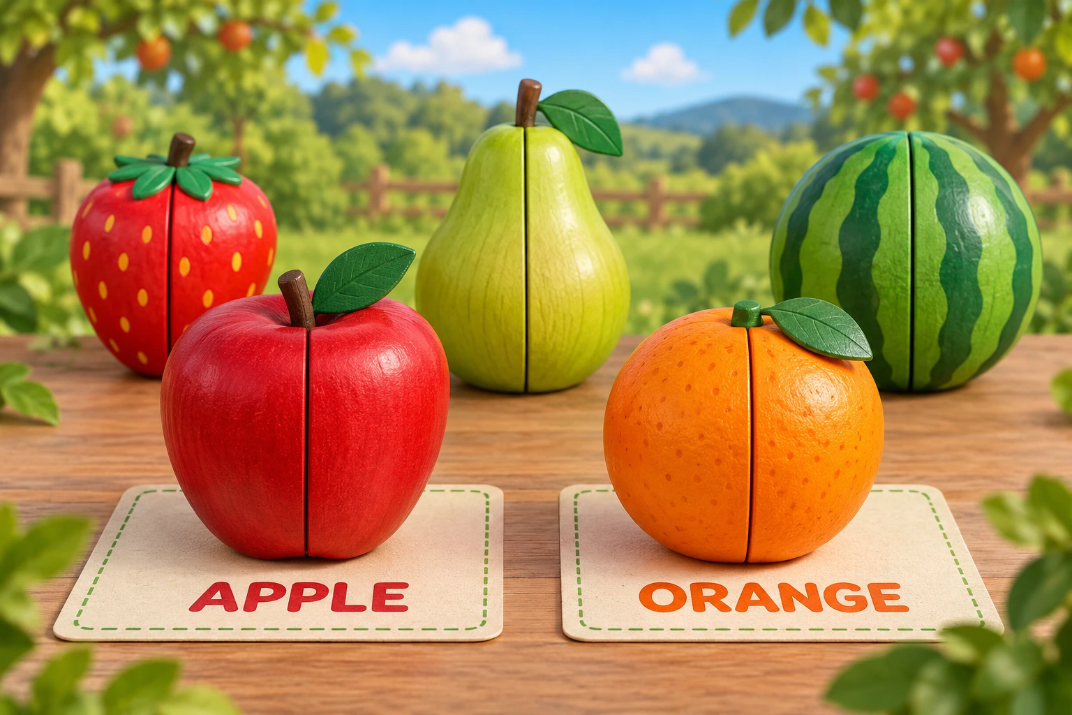 Original tactile play scene for fruit half matching Rejoined wooden fruits include apple and orange examples on accurately labelled mats.