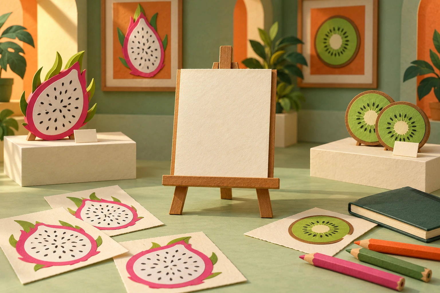 Miniature paper fruit gallery with blank easel, dragon fruit artwork, kiwi displays, pencils and closed sketchbook