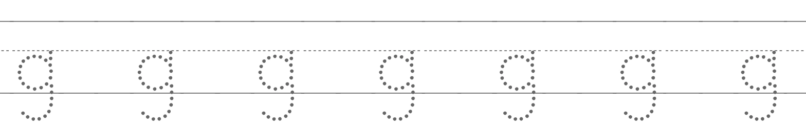 Seven dotted lowercase gs with round bodies above the lower writing rule and tails descending beneath it