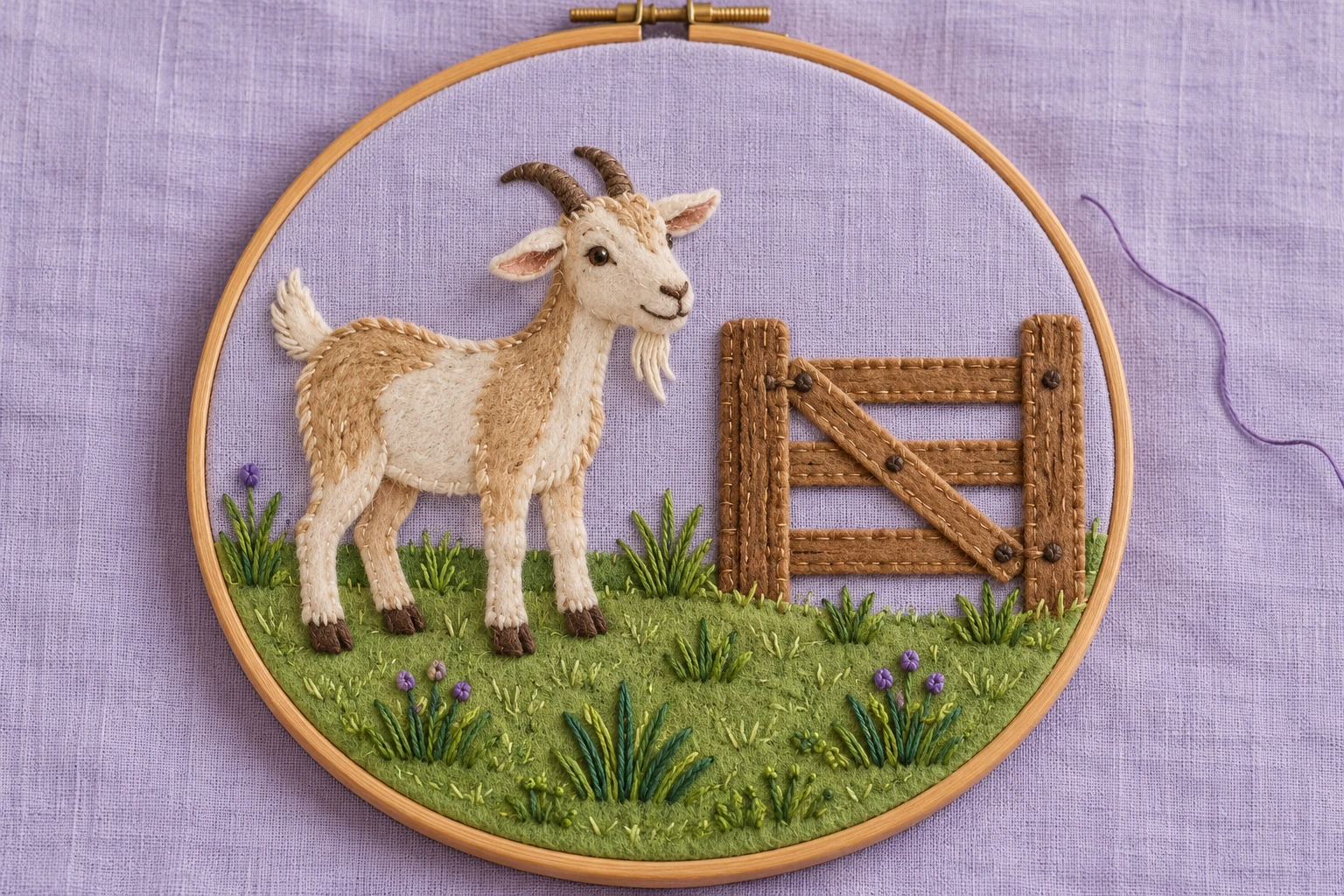 Handmade felt goat beside a gate and stitched grass inside a wooden embroidery hoop on lavender linen