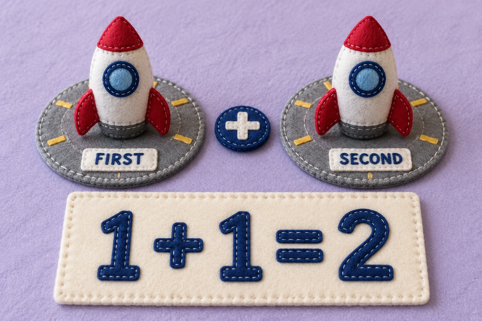 One felt rocket on each launch pad beside 1 + 1 = 2